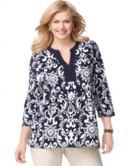 Get a fresh start to the season with Charter Club's three-quarter sleeve plus size tunic top, highlighted by a vivid print-- it's an Everyday Value!