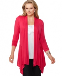 Snag two styles for one great price with AGB's layered look plus size top, featuring a handkerchief hem cardigan and embellished inset. (Clearance)
