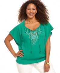 Capture a bohemian look this season with Style&co.'s plus size peasant top, featuring charming embroidery.