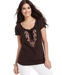 Style&co. adorns this petite top with bright embroidered detail at the chest and peasant-style details, like a smocked neckline and sleeves. Wear with jeans for a simple but stylish ensemble!