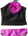 Love U Lots Girls 2-6X 2 Piece Tankini Shimmer Pin Stripe With Flower, Black/White, 2t