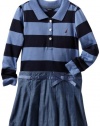Nautica Sportswear Kids Girls 2-6X Long Sleeve Striped Rugby Chambray Skirt Attached Top, Cadet Blue, 6