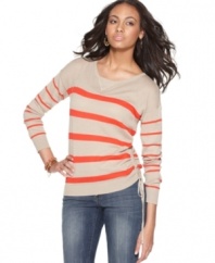 Striking stripes and a ruched drawstring side tie elevate this petite cotton sweater, from DKNY Jeans. Pair it with jeans for a look that's better than basic.