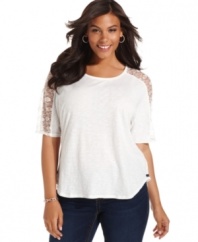 Flaunt your feminine side with Seven7 Jeans' short sleeve plus size top, accented by lace insets.