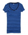 Tommy Hilfiger Women Slim Fit Thin Stripes V-neck T-shirt (XXL, Navy/blue)