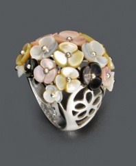 Add a little spring to your step with this beautiful bouquet. Ring features multicolored flowers crafted in cultured mother of pearl (6-10 mm). Band features an ornate flower design set in sterling silver. Size 7.