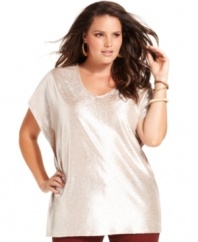 Show off your shine with Seven7 Jeans' short sleeve plus size top, spotlighting a metallic finish!