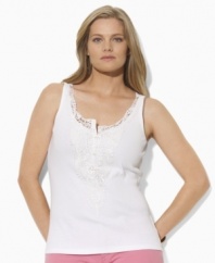 A classic plus size cotton tank is given a romantic update with delicate crocheted lace at the placket, from Lauren by Ralph Lauren.