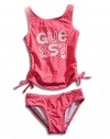 GUESS Kids Girls Little Girl Two-Piece Tankini Swimsuit with Sequins, DARK PINK (6X)