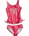 GUESS Kids Girls Big Girl Two-Piece Tankini Swimsuit with Sequins, DARK PINK (14)