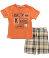 Calvin Klein Boys 2-7 V-Neck Tee with Plaided Short-Toddler, Orange, 3T