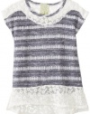 Kiddo Girls 7-16 Knit Top with Daisy Mesh Trim, Navy, Large