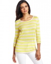 Vince Camuto Women's Long Sleeve Stripe Pullover Sweater, Blaze Yellow, Medium