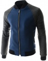 Mens Slim Fit China Collar Arm Pocket Leather Patch Zipper Wool Jacket