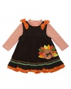 Rare Editions Baby Girls' Brown Leaf Turkey Thanksgiving Corduroy Jumper Dress, 24 Months
