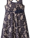 Bonnie Jean Little Girls' Floral Lace Dress with Open Back, Navy, 5