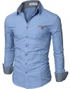 Doublju Mens Casual Shirt with Contrast Neck Band