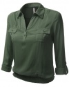 J.TOMSON Womens Henley Shirt w/Roll-Up Sleeves OLIVE SMALL