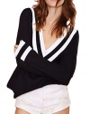 GDSTORE Women's Casual Navy Style V-Neck Knit Sweater Top