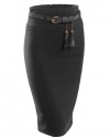 LE3NO Womens Fitted High Waisted Midi Skirt with Faux Leather Belt