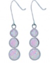 3 Bezel Simulated Pink Opal Dangle Earrings .925 Sterling Silver Rhodium Finish