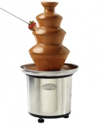 Go with the flow! Guests will flock to this 3-tiered chocolate fondue fountain that holds up to 3 pounds of melted chocolate for a never-ending flow of everyone's favorite sweet. Sure to add some pizazz to your next party, this tower lets guests dip their favorite treats-marshmallows, strawberries, pretzels and more-into the rich, sweet indulgence. 3-month warranty. Model CFF986.