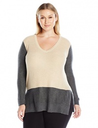 Vince Camuto Women's Plus Size a Long Sleeve V-Neck Wafflestitch Colorblock Sweater