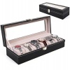 Black 6 Slot Leather Watch Box Wooden Organizer Display Case Jewelry Storage Holder Stand Top Glass Home