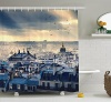 Paris Decor Collection Paris Cityscape Taken from Montmartre Rooftops Flying Bird Pigeons Foggy Sunrise Image Polyester Fabric Bathroom Shower Curtain Set with Hooks Blue and Gray