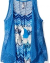 Beautees Big Girls' 2 Piece Sleeveless Printed Romper with Duster, Blue, 8