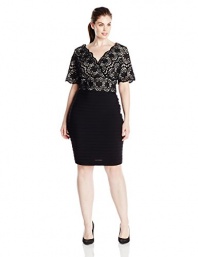 Adrianna Papell Women's Plus Size Twotone Banded and Lace Vneck Sheath