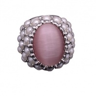 Superhai Fashion Pearl Inlaid Pearl Ring Stainless Steel Cat's Eye Stone Opal Ring Silver