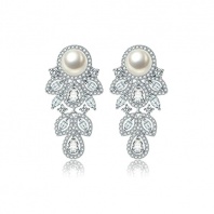 Bishilin Gold Plated Earrings Stud Womens White Rhinestone Earring Oval Princess Pearl Dangle Earring