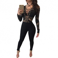BENNINGCO Womens Club Party Lace-up Hollow-out Long Sleeves Fitted Jumpsuit