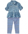 Ralph Lauren girls Chambray Shirt & Striped Leggings Set., size 3 Months, Indigo